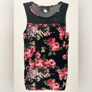 Say Anything Brand Black Floral Blouse Sleeveless With Mesh Accent Size Medium